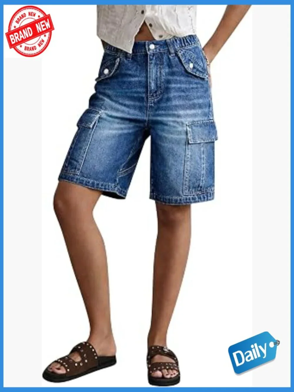 High Rise Cargo Bermuda Denim Shorts with Flap Pockets